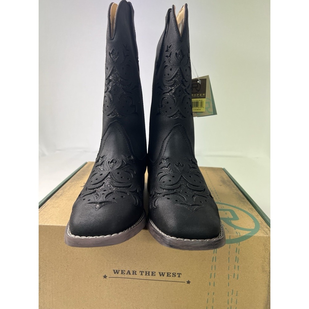 ROPER WOMEN'S KENNEDY BLACK WITH GLITTER INLAY WIDE SQUARE TOE COWBOY BOOTS Sz 9 - Picture 4 of 11